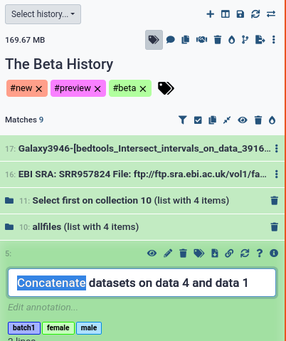 Beta history screenshot with a history titled "The Beta History", a few datasets and collections, and a textbox shown where the dataset title is being edited directly.