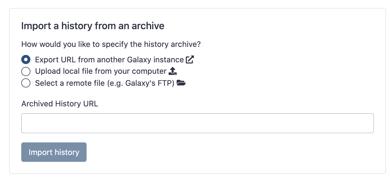 Screenshot of "Import history from archive" interface which now includes an option to "Select a remote file" which provides access to the remote file interface.