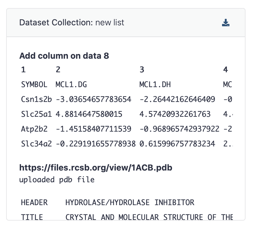Screenshot of a workflow report box showing a dataset collection. A new button, a download icon, appears at the top right.