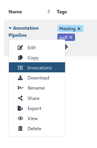 Screenshot of the drop down menu on a specific workflow, showing an invocation button. This is accessible via the workflow name in the workflow list.