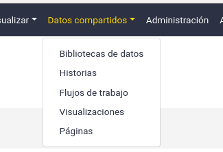 The shared data menu is shown, everything is in spanish. It reads "Datos compartidos" and lists items such as Bibliotecas de datos.
