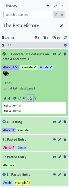 Screenshot of a history, the top most dataset is expanded and a "sitemap" icon is clicked which is showing inputs for that dataset. Each of those inputs has a small upward arrow next to the dataset number. The 'end' dataset of those inputs has a checkmark icon next to the dataset number. The history is titled the beta history and there are a lot of new buttons at the top.