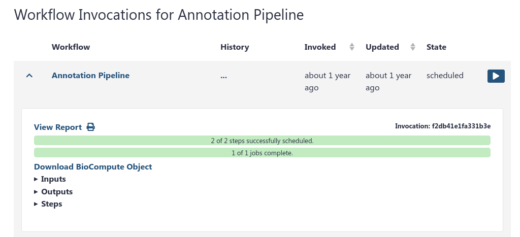 List of workflow invocations for a specific workflow named Annotation Pipeline. A single invocation is visible along with the results and associated report in the normal workflow invocation view that appears after submitting a job.