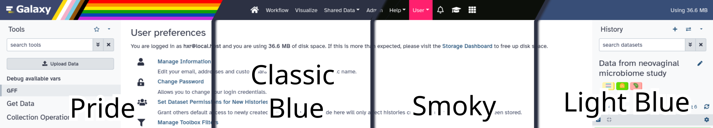 The top bar of Galaxy is shown across four different themes in a single image, diagonal cuts joining the images so it looks like a continuous Galaxy screenshot. The four themes shown are the progress pride flag in the masthead, the classic Galaxy dark blue, a black theme with pink highlights, and then a lighter blue theme.