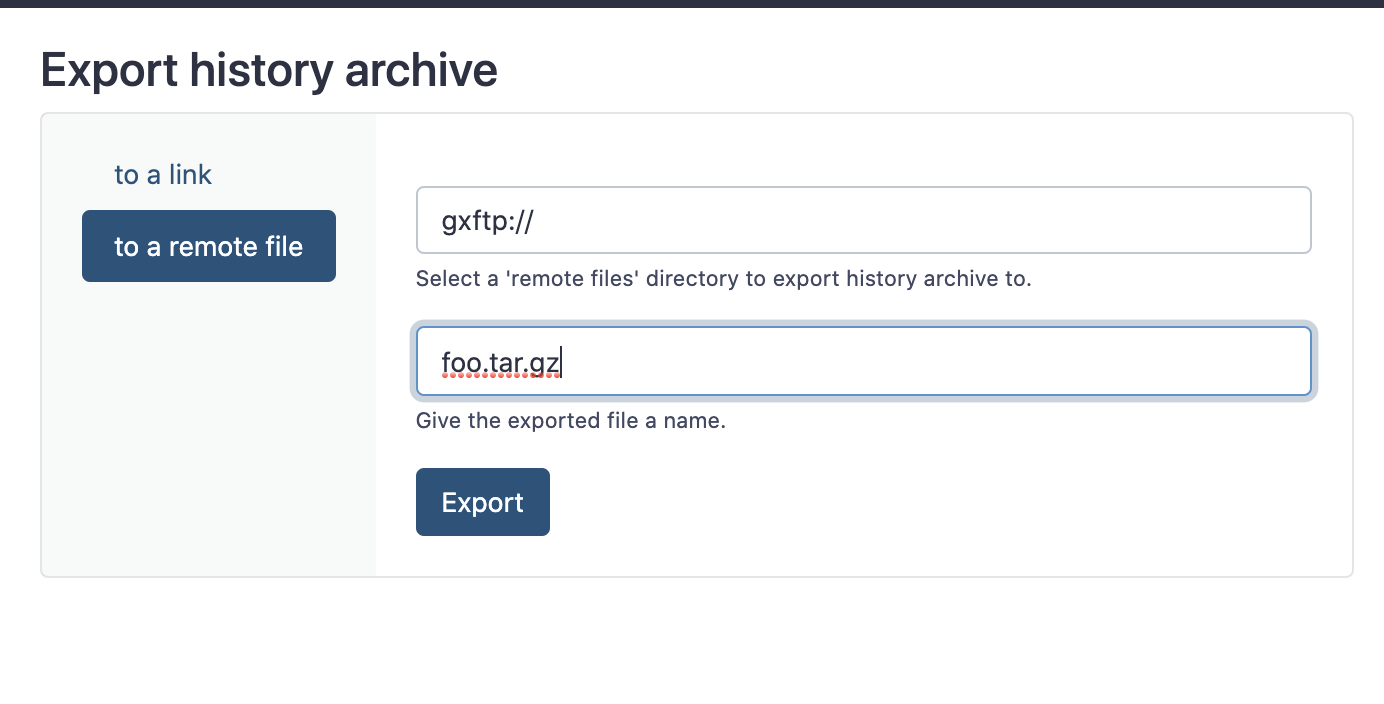 Screenshot of "Export history archive" interface showing the new "to a remote file" option with the user's FTP directory selected and foo.tar.gz entered as an example filename