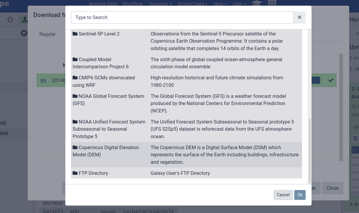 Screenshot of the remote files browser in the upload dialog. Here climate datasets are highlighted such as Sentinel, Copernicus, and NOAA's public datasets. At the bottom is the user's FTP directory.