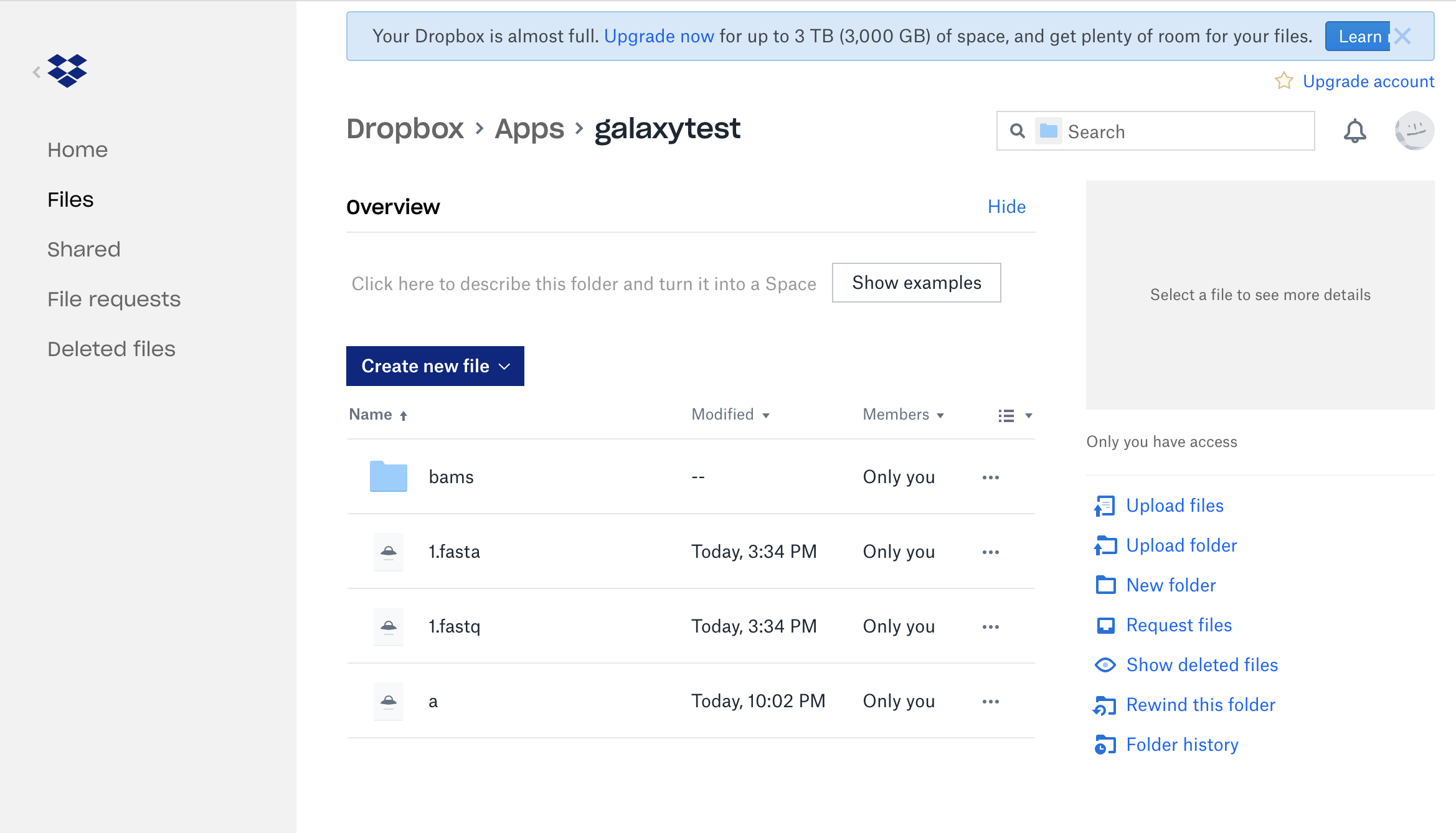 Screenshot of Dropbox with a "bams" folder and several test files