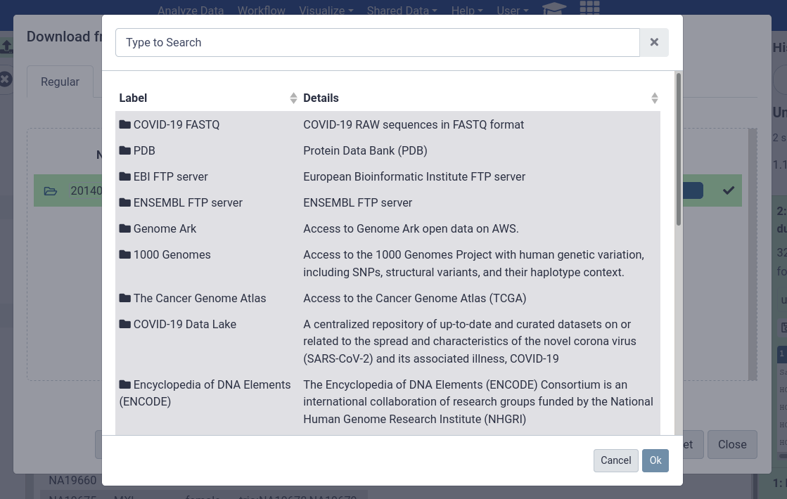 Screenshot of the remote files browser in the upload dialog. It lists several popular datasets such as PDB the protein data bank, EBI's FTP server, Genome Ark, and 1000 Genomes among others.