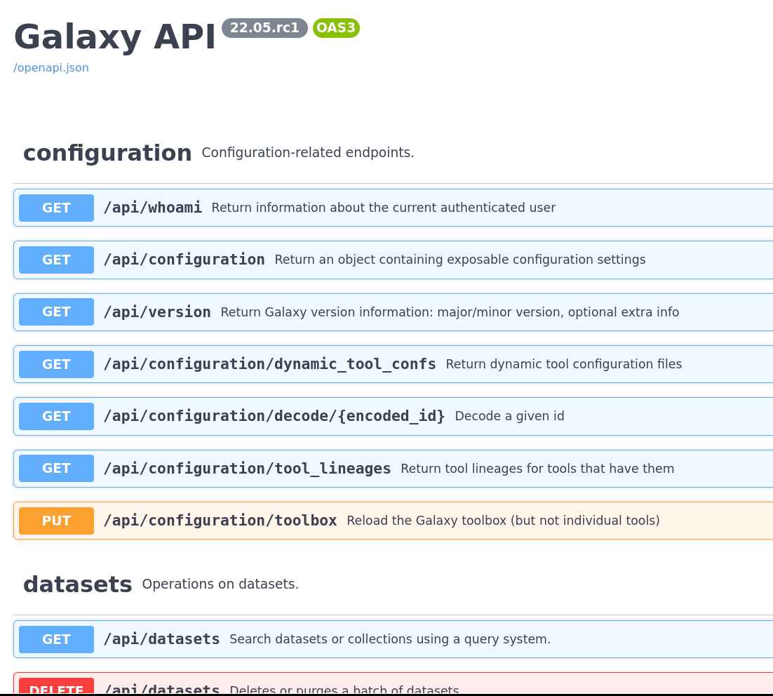 Screenshot of the OpenAPI autogenerated documentation listing all of the available Galaxy APIs. In each collapsed section there is an interface to try out the APIs with various values, live, in Galaxy.