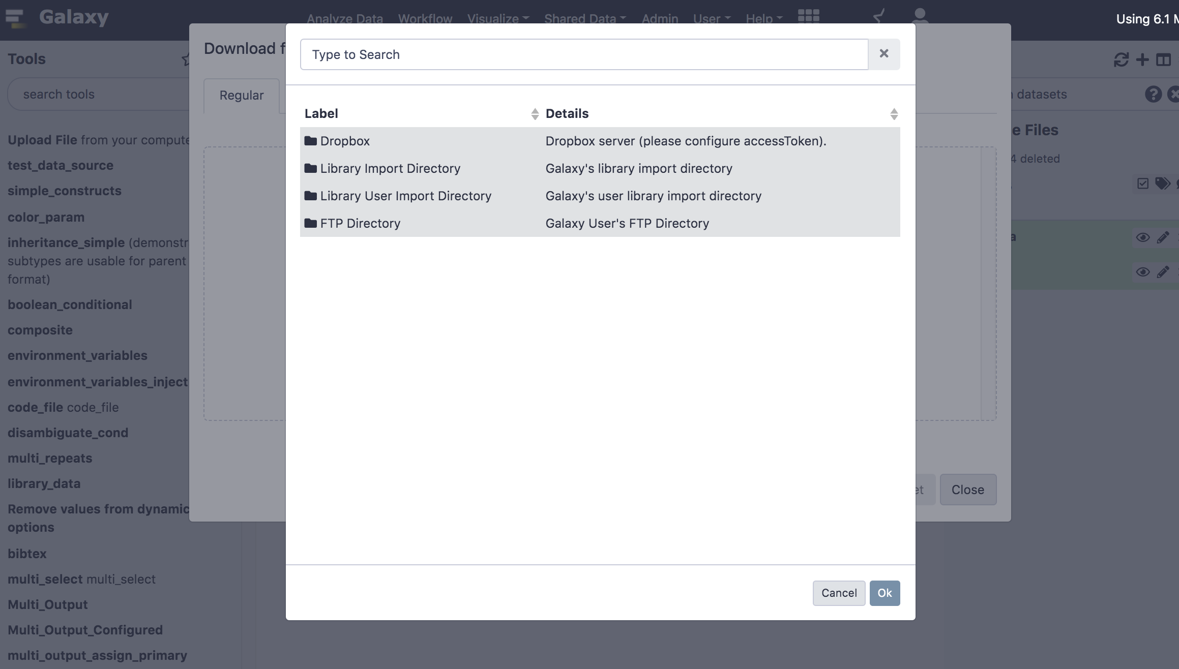 Search across sources. A modal dialog showing a new "Dropbox" folder amongst "FTP Directory" and library location.