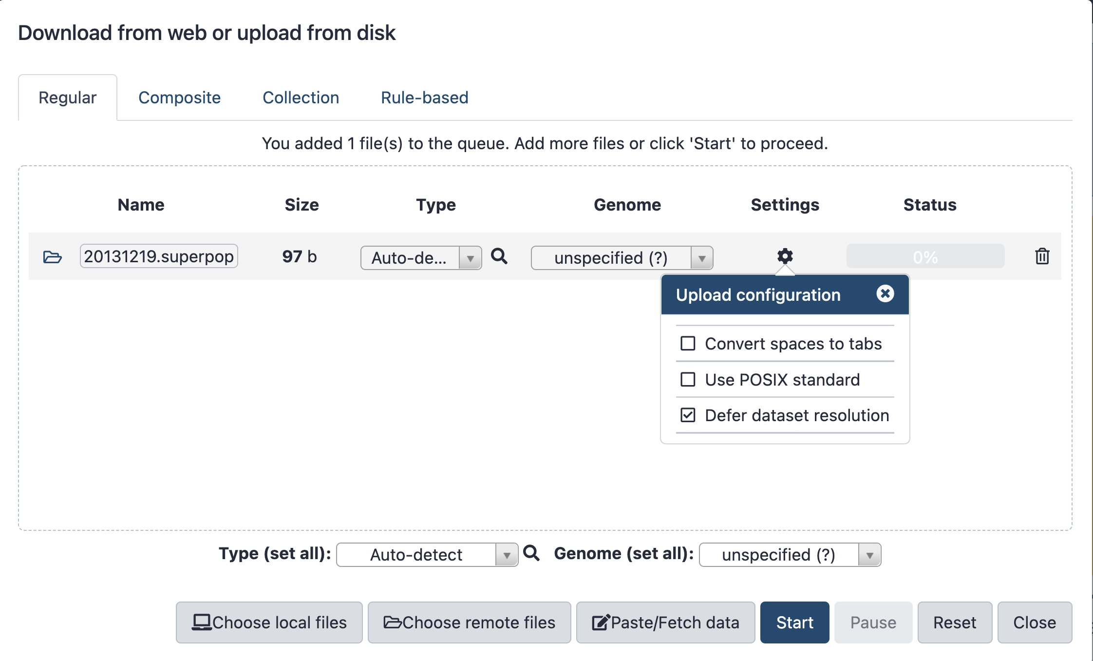 Screenshot of the upload modal. The Settings menu is expanded and shows the "Deferred dataset resolution" checkbox.