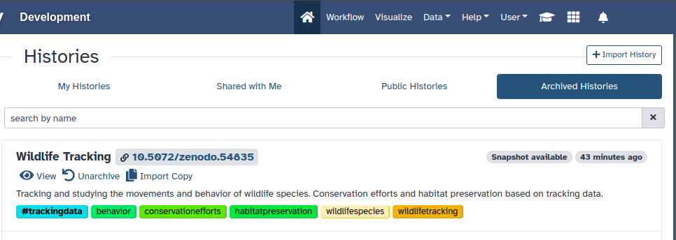 DOI displayed in archived histories.